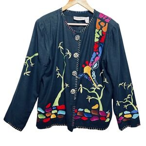 Drapers Damons Women Button Jacket L Black Giraffe Embroidered Statement Artwear